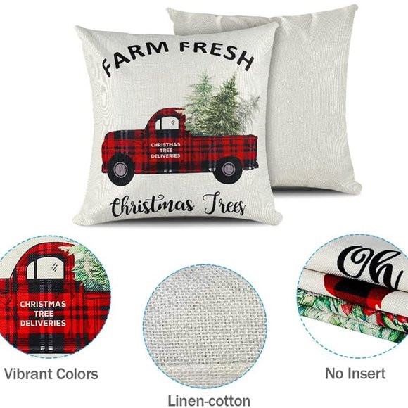 4 Farmhouse Christmas Throw Pillow Covers 18"x18" Linen Let It Snow Farm Fresh - Picture 3 of 11